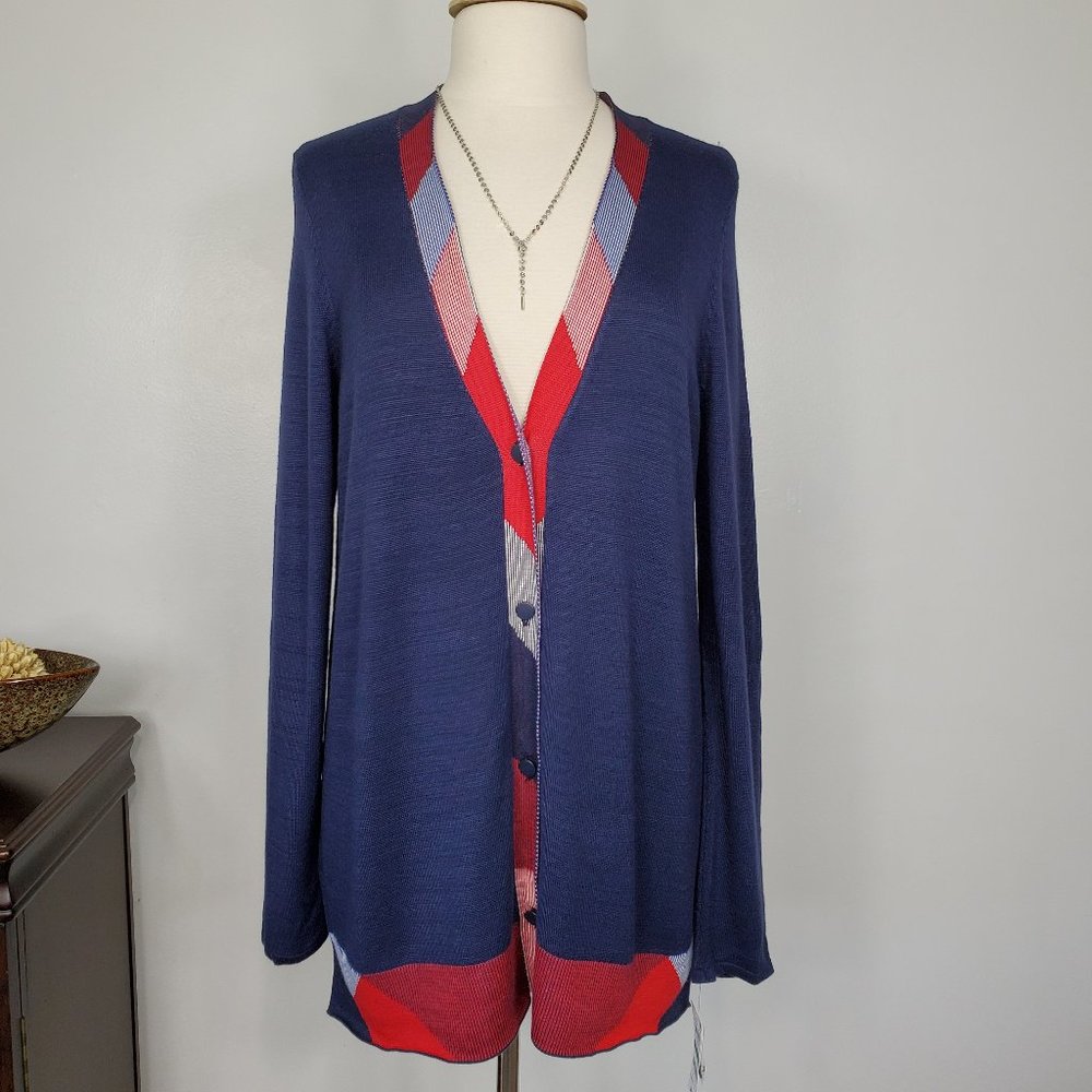 Charter Club Navy Red Button Front V-Neck Preppy Dark Academia Cardigan Size L